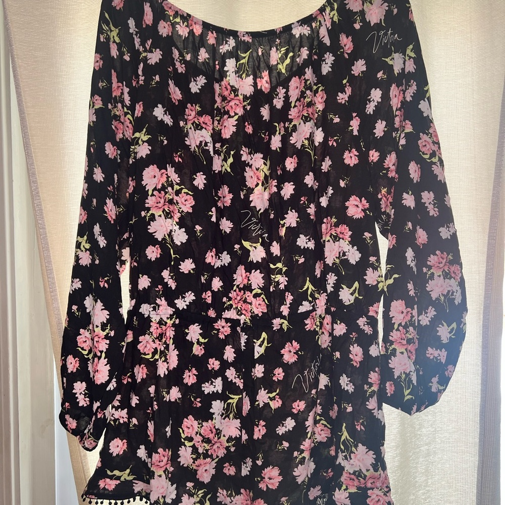 Victoria's Secret Black and Pink Floral Long Sleeve Romper